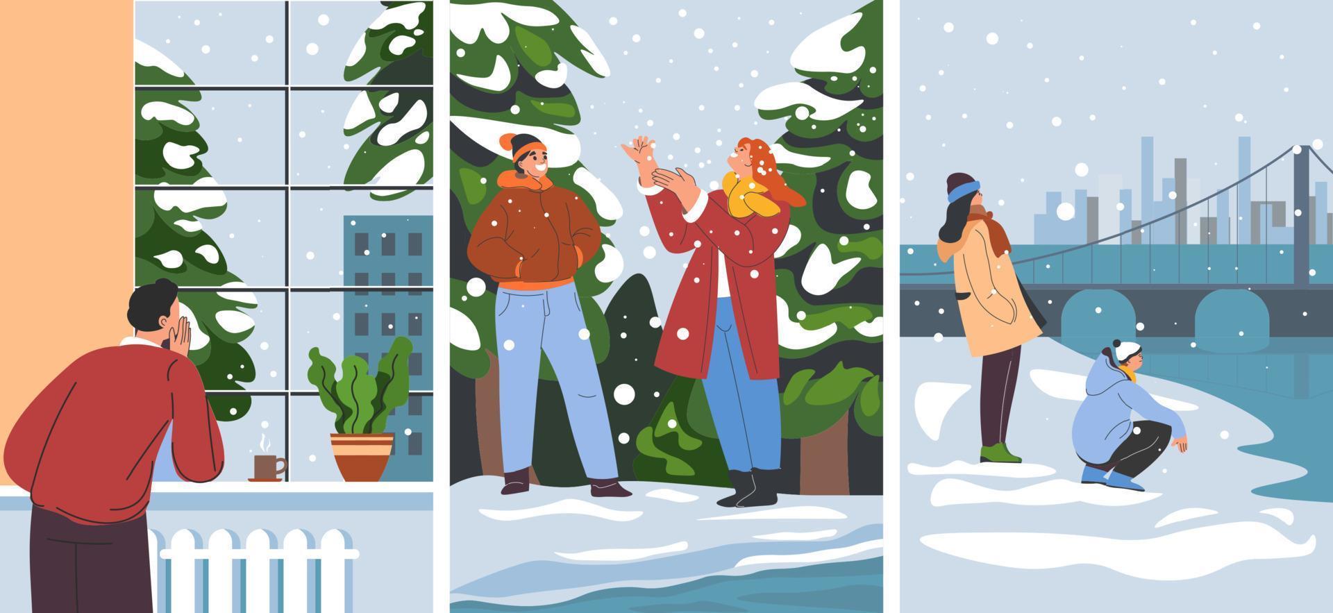 vacaciones de invierno y calles cubiertas de nieve. vector