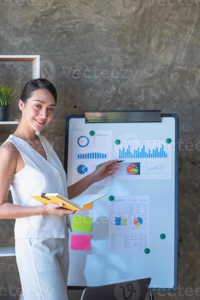 Asian businesswoman presenting business data with a board with charts, graphs hand holding a yellow notebook, And business documents lying on the table in the office, business concept. photo