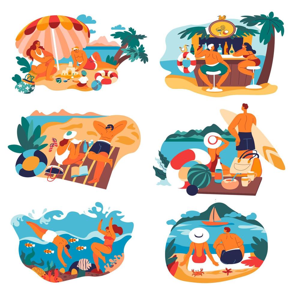 People resting on beach, vacation and relaxation vector