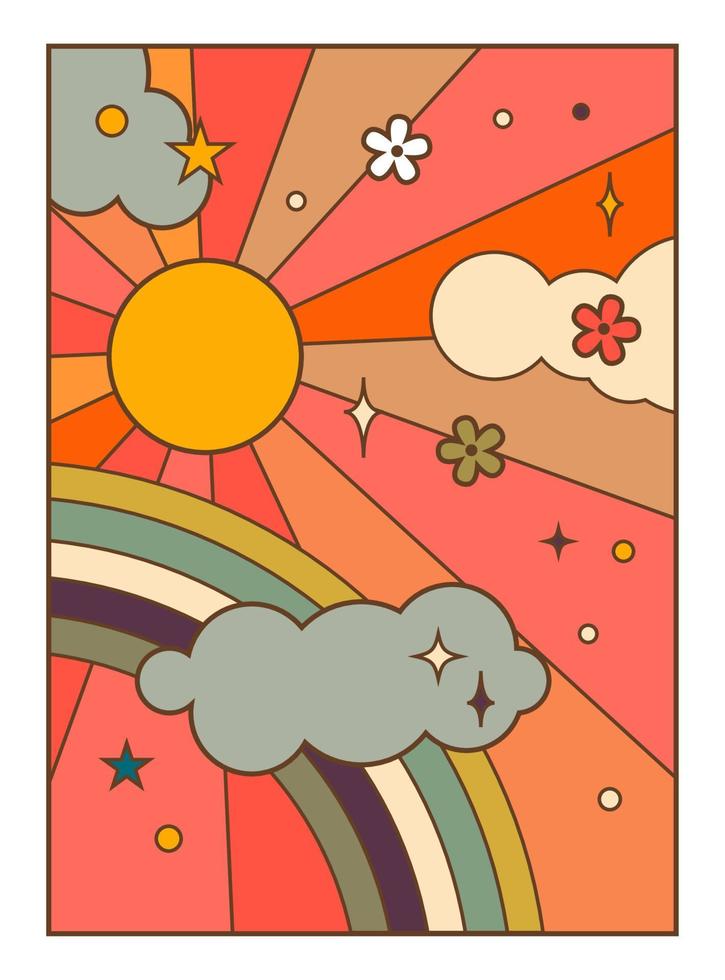 Fantasy sky with sun and rays, rainbow and clouds vector