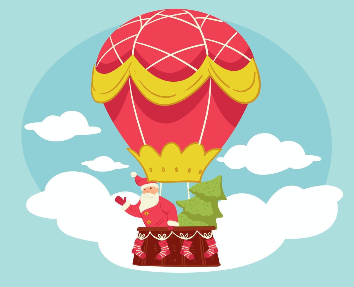 Hot air balloon with Santa Claus and xmas tree vector