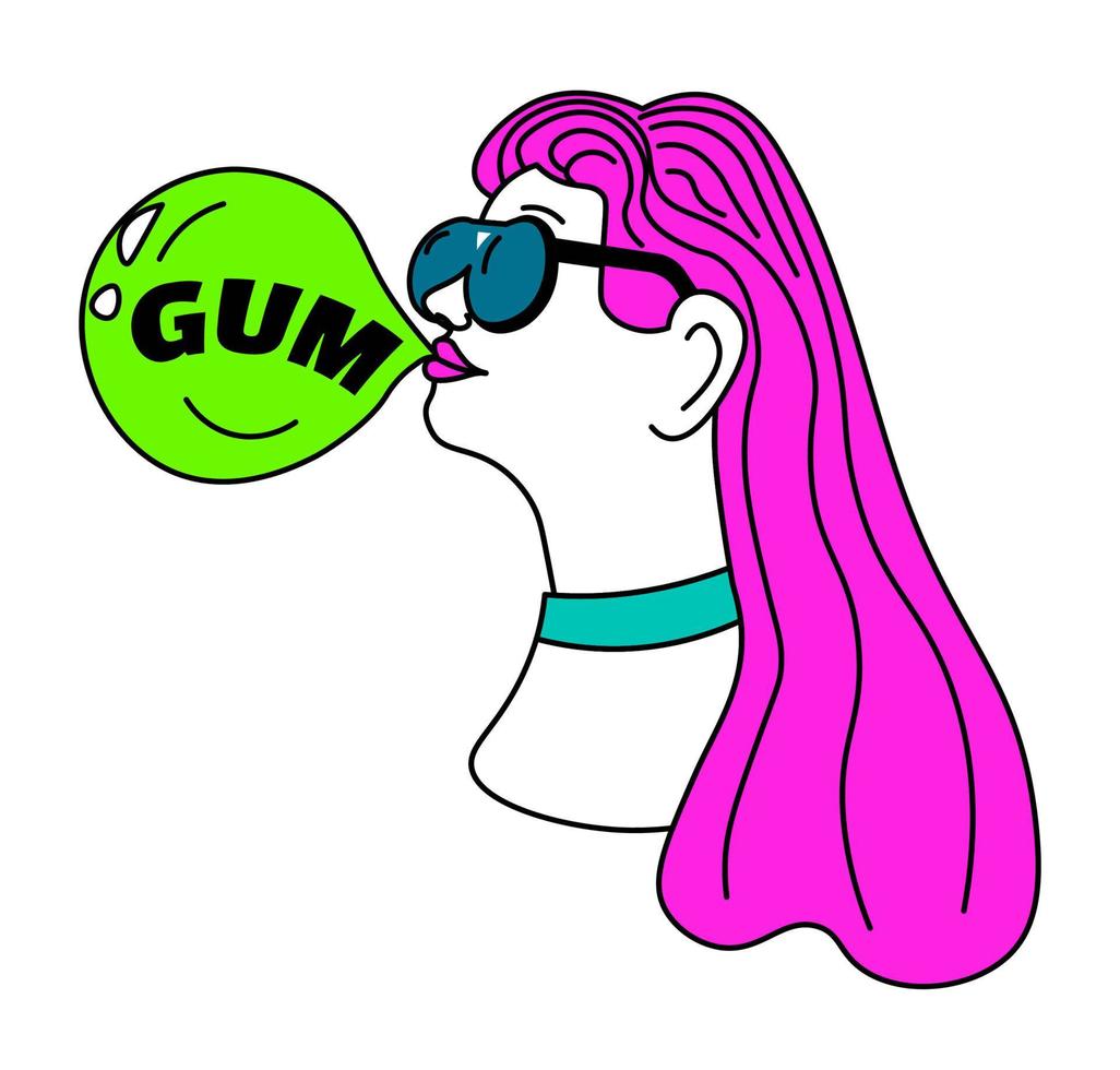 Woman chewing gum, 90s sticker or emoticon vector