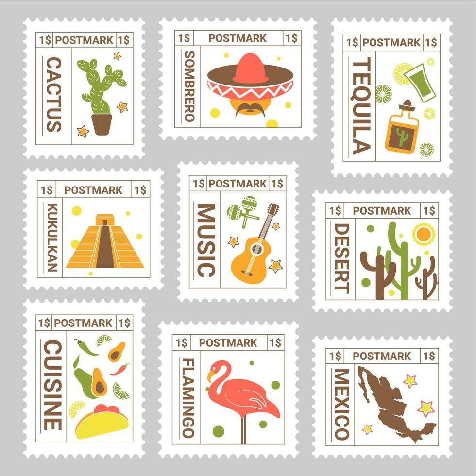 Postal mark set with colorful mexican element vector