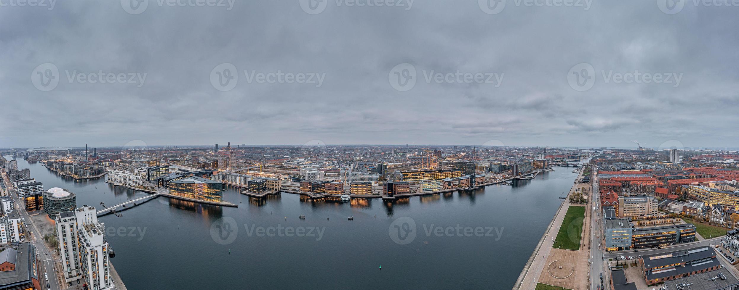 Drone panorama over Copenhagen harbor during daytime photo