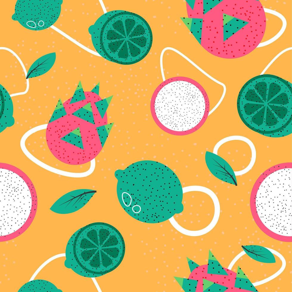 Exotic and tropical fruits, lime and pitaya print vector