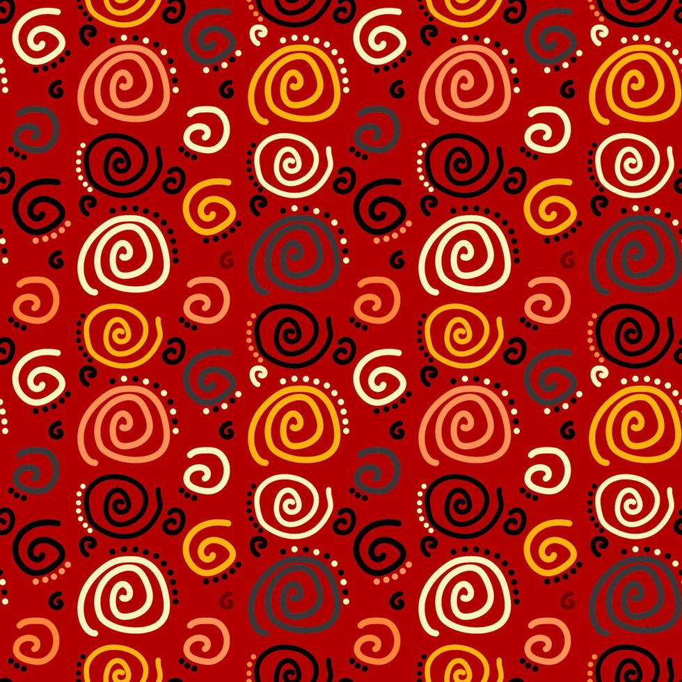 Bright pattern of multi-colored spirals on a red background. Seamless vector image.