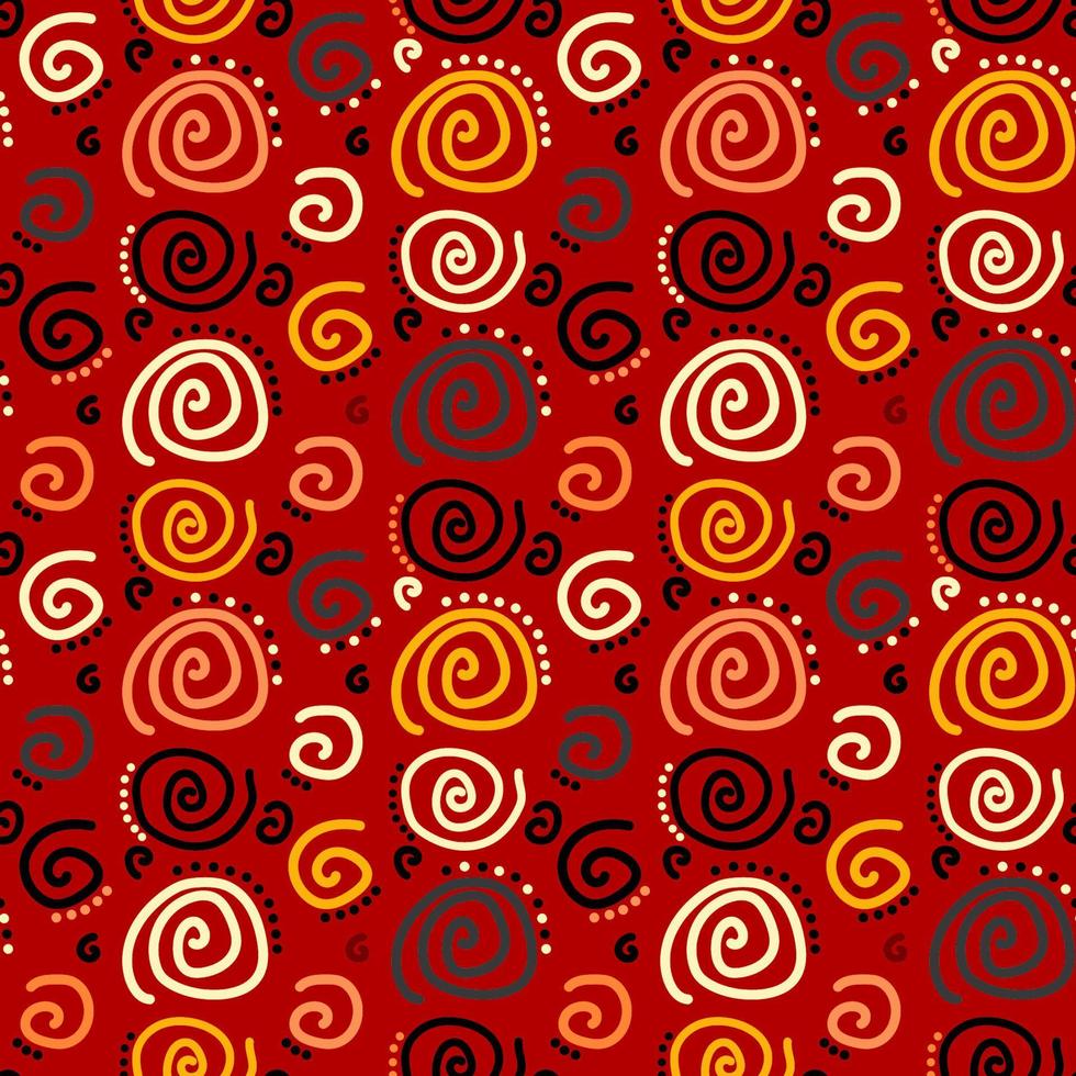 Bright pattern of multi-colored spirals on a red background. Seamless vector image.