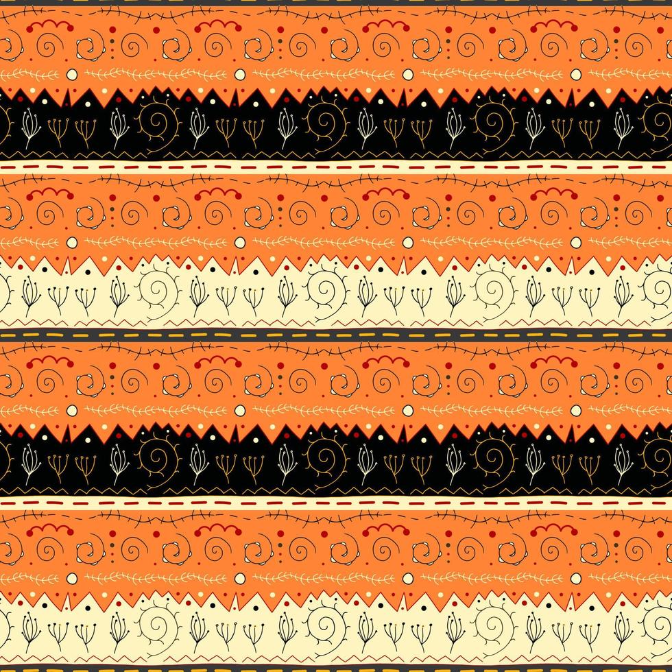 Bright striped folk pattern in hot colors. Seamless vector image.