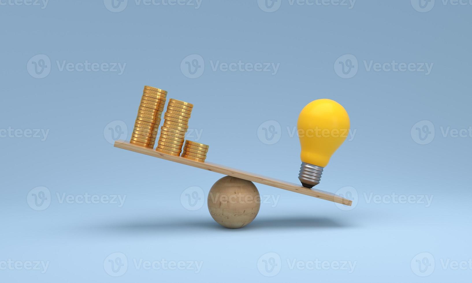 Coin stack compare light bulb idea on wood scale seesaw. Money gold coin compare balance with knowledge concept. photo