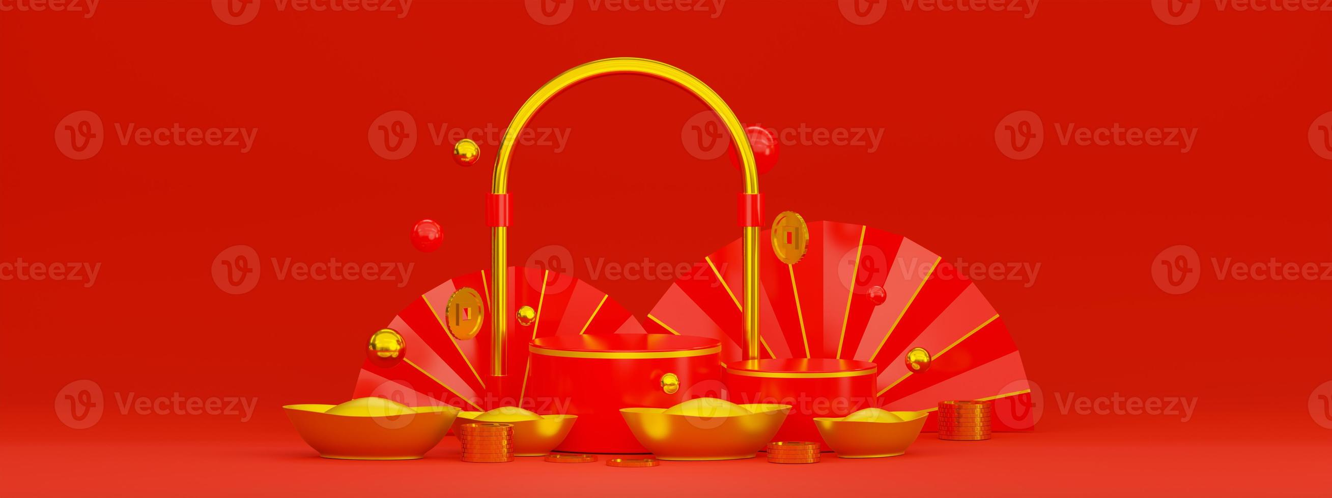 Background for Product Display Red Gold Exquisite Chinese Style. Chinese New Year. 3D Render photo