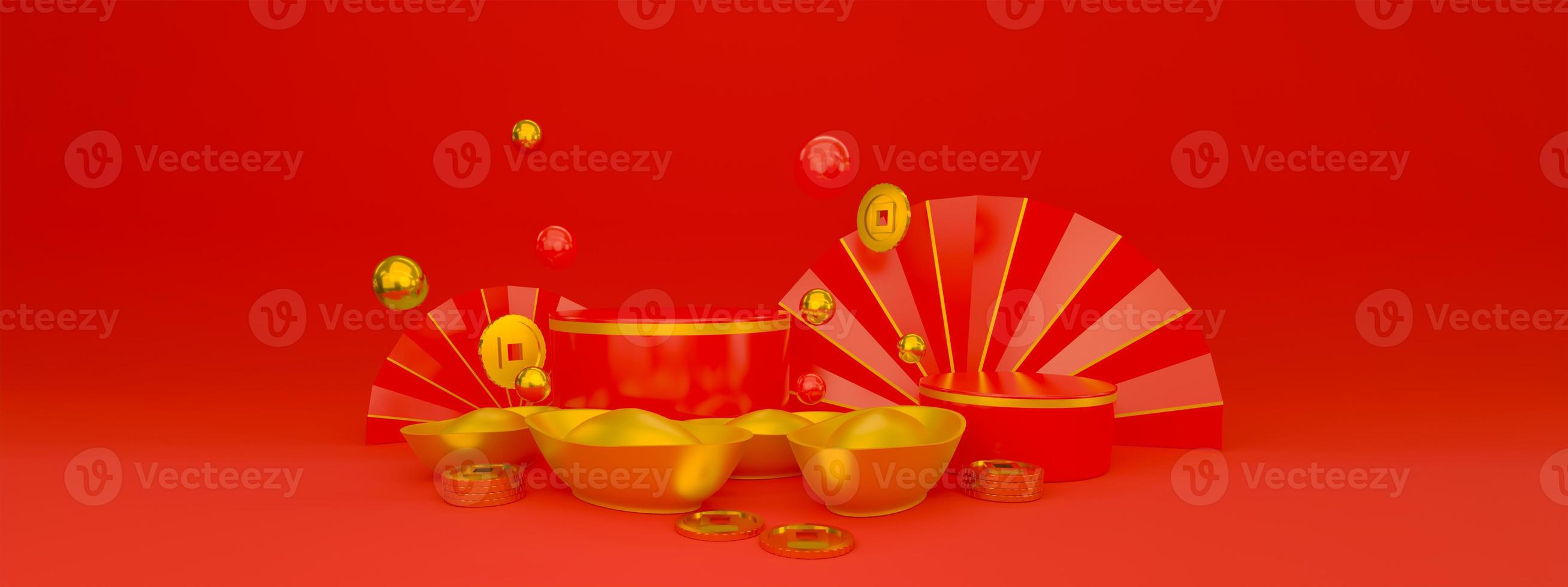 Background for Product Display Red Gold Exquisite Chinese Style. Chinese New Year. 3D Render photo