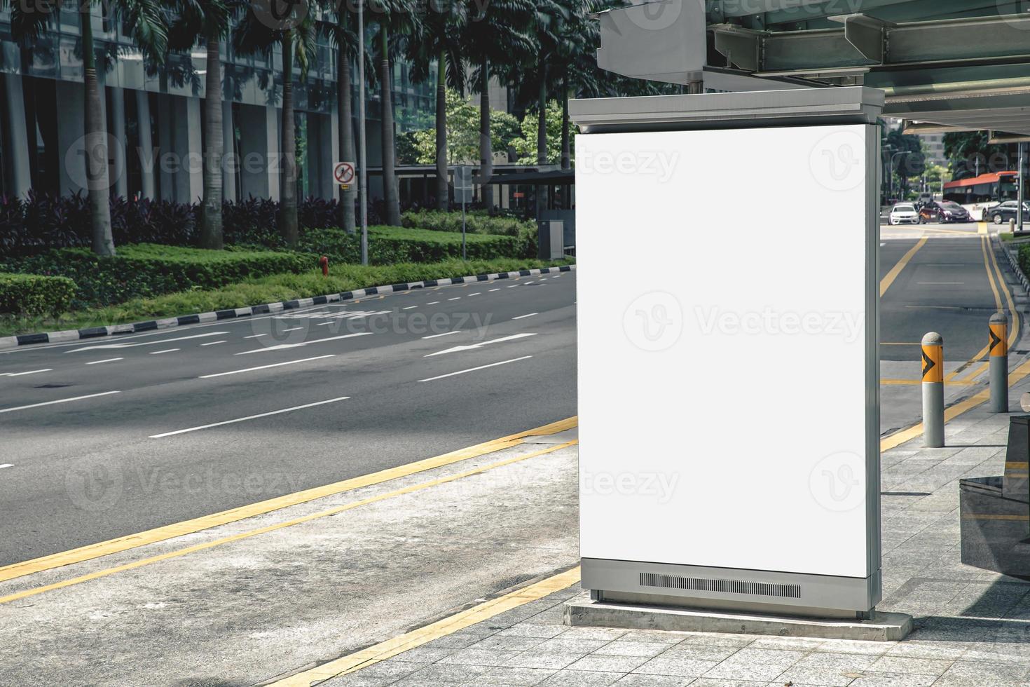 Digital Media blank advertising billboard in the bus stop, blank billboards public commercial with passengers, signboard for product advertisement design photo