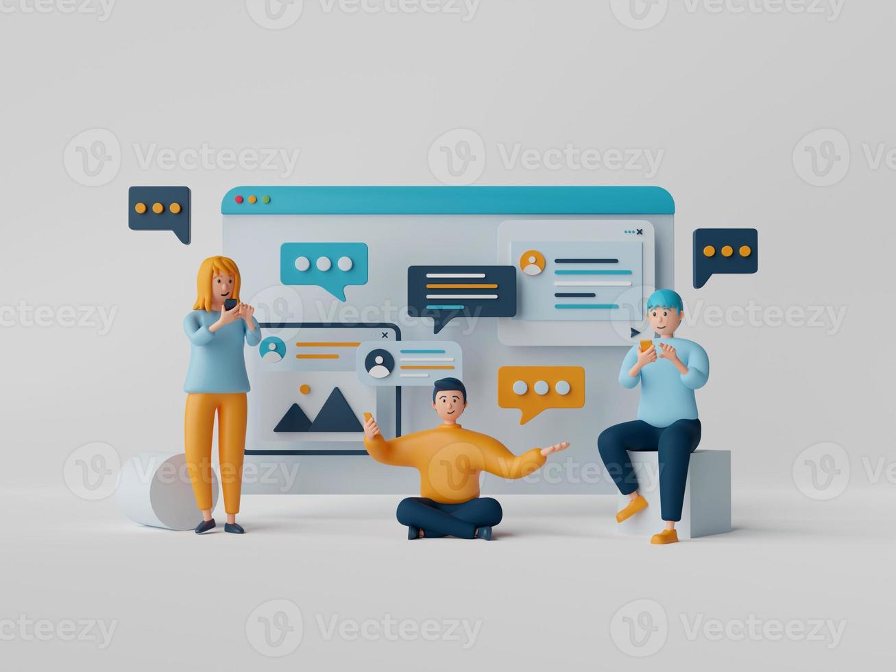 3d illustration of cartoon people using smartphone surfing the internet and communicate on social media, online application. photo