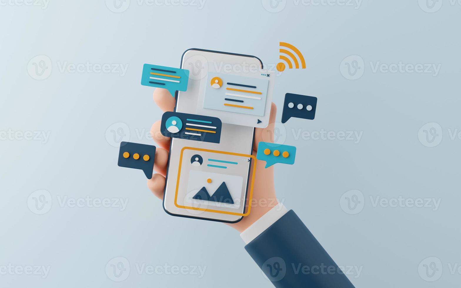 3d illustration of businessman using smartphone surfing the internet and communicate on social media, online application. photo