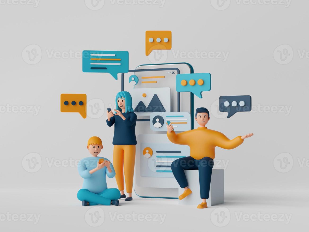 3d illustration of cartoon people using smartphone surfing the internet and communicate on social media, online application. photo