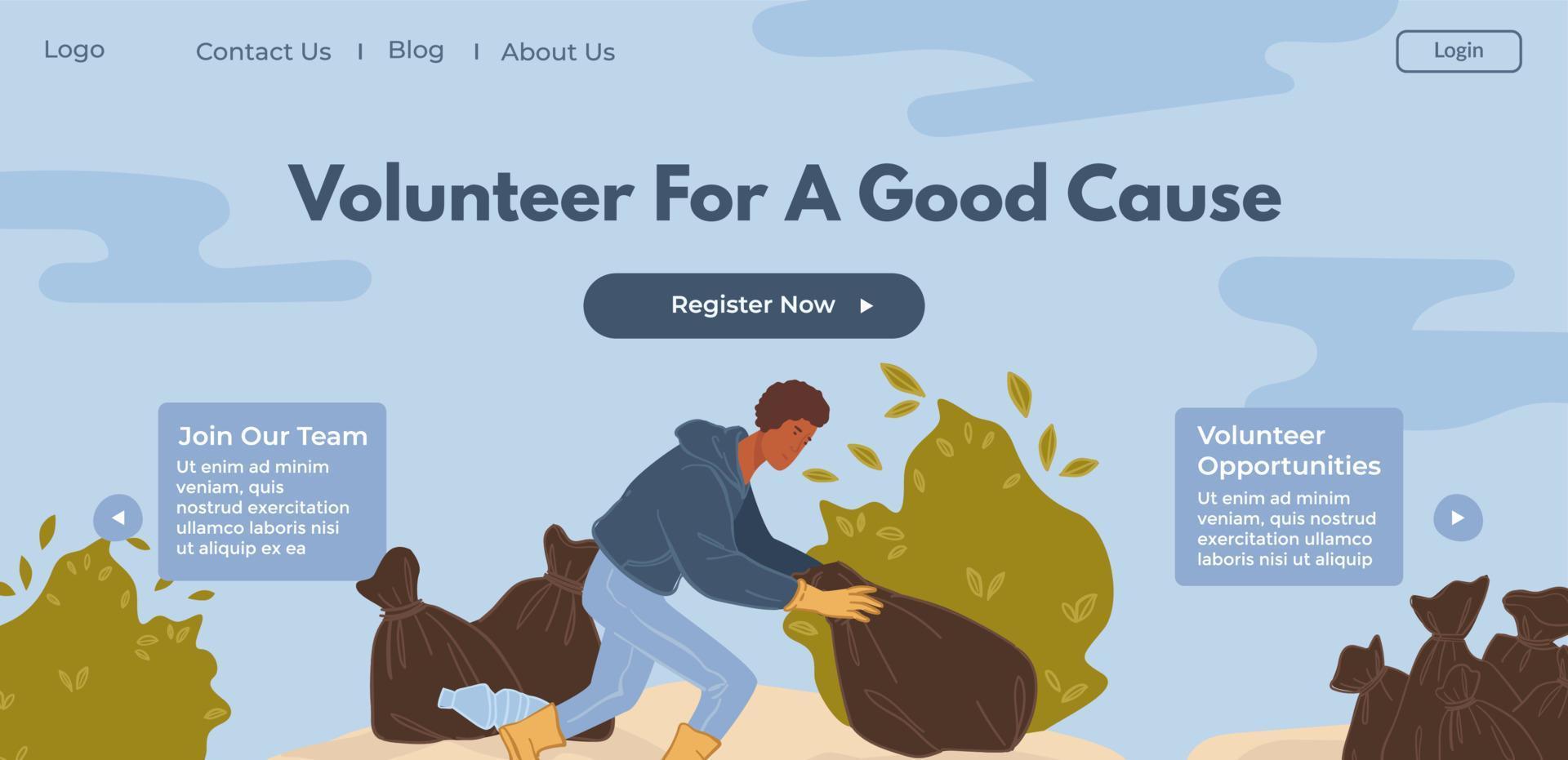 voluntario por una buena causa, sitio web de limpieza de basura vector