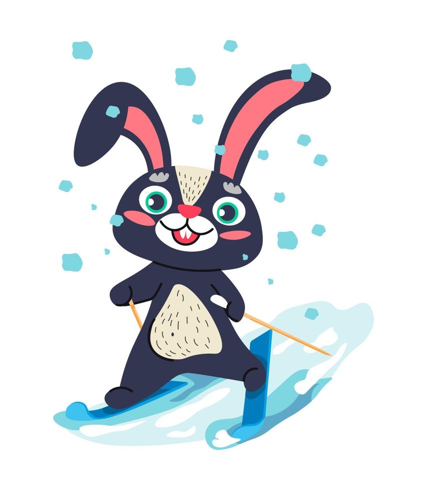 personaje de conejo esquiando desde la pendiente, conejito de liebre vector