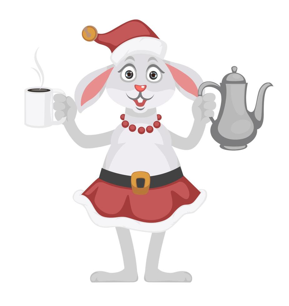 Bunny character with pot and cup of hot tea drink vector