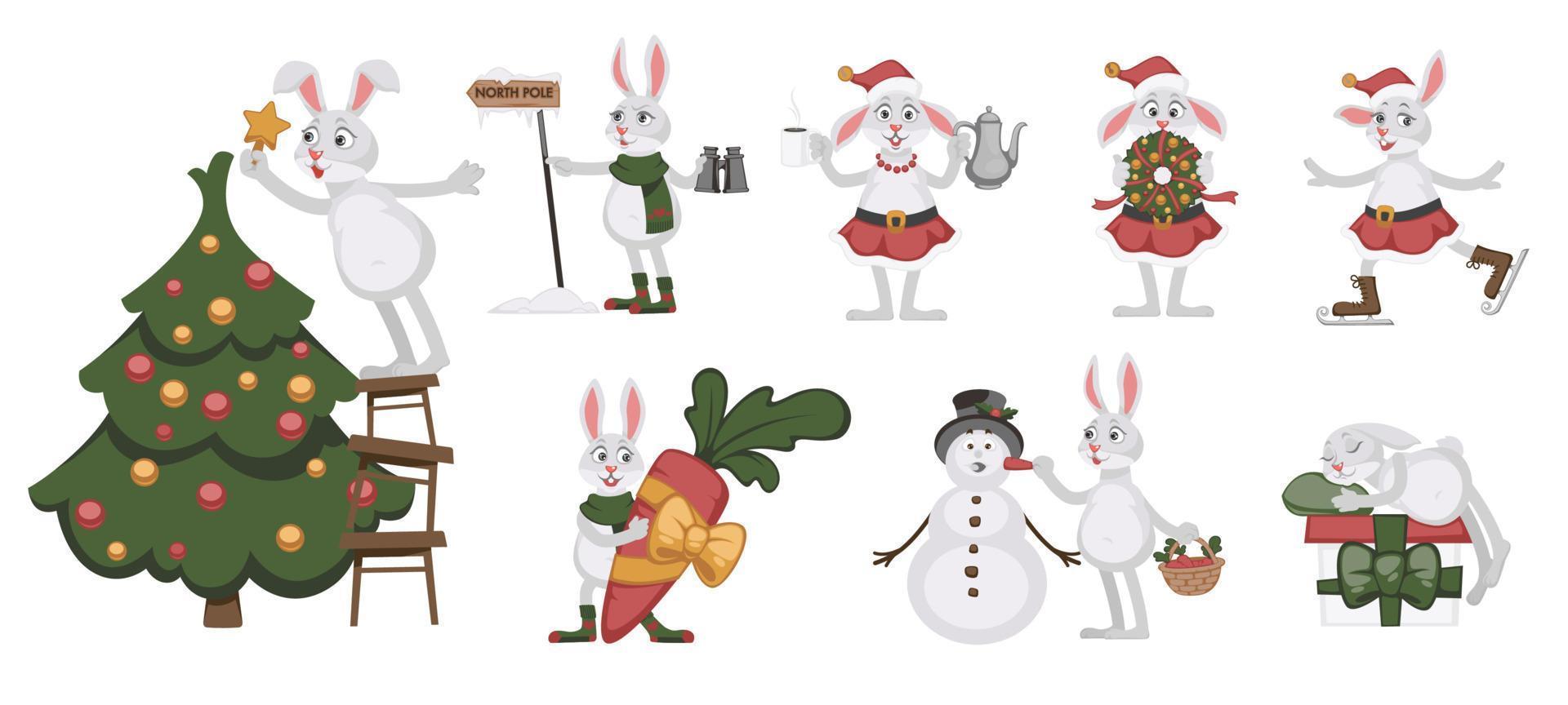 Xmas tree rabbit character, Christmas time holiday vector