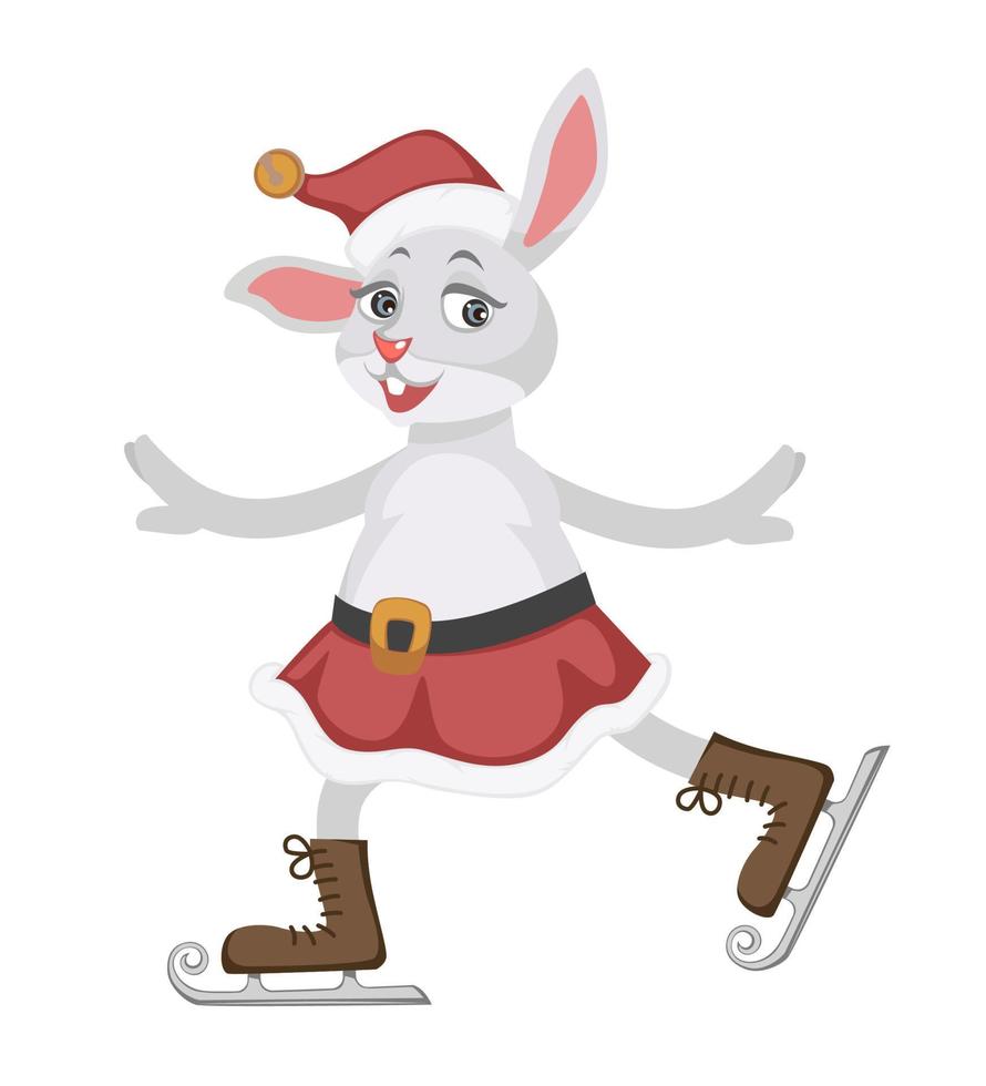 Rabbit character in santa claus hat ice skating vector