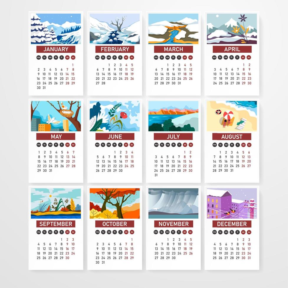 calendario con fechas y días, vector de paisajes