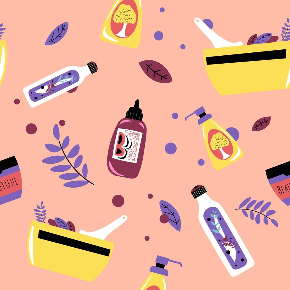 Cosmetic products and beauty routine patterns vector