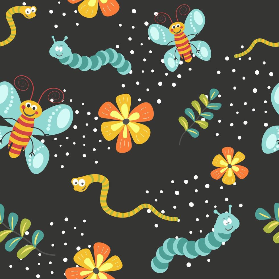 Insects and flowers worms and caterpillars pattern vector