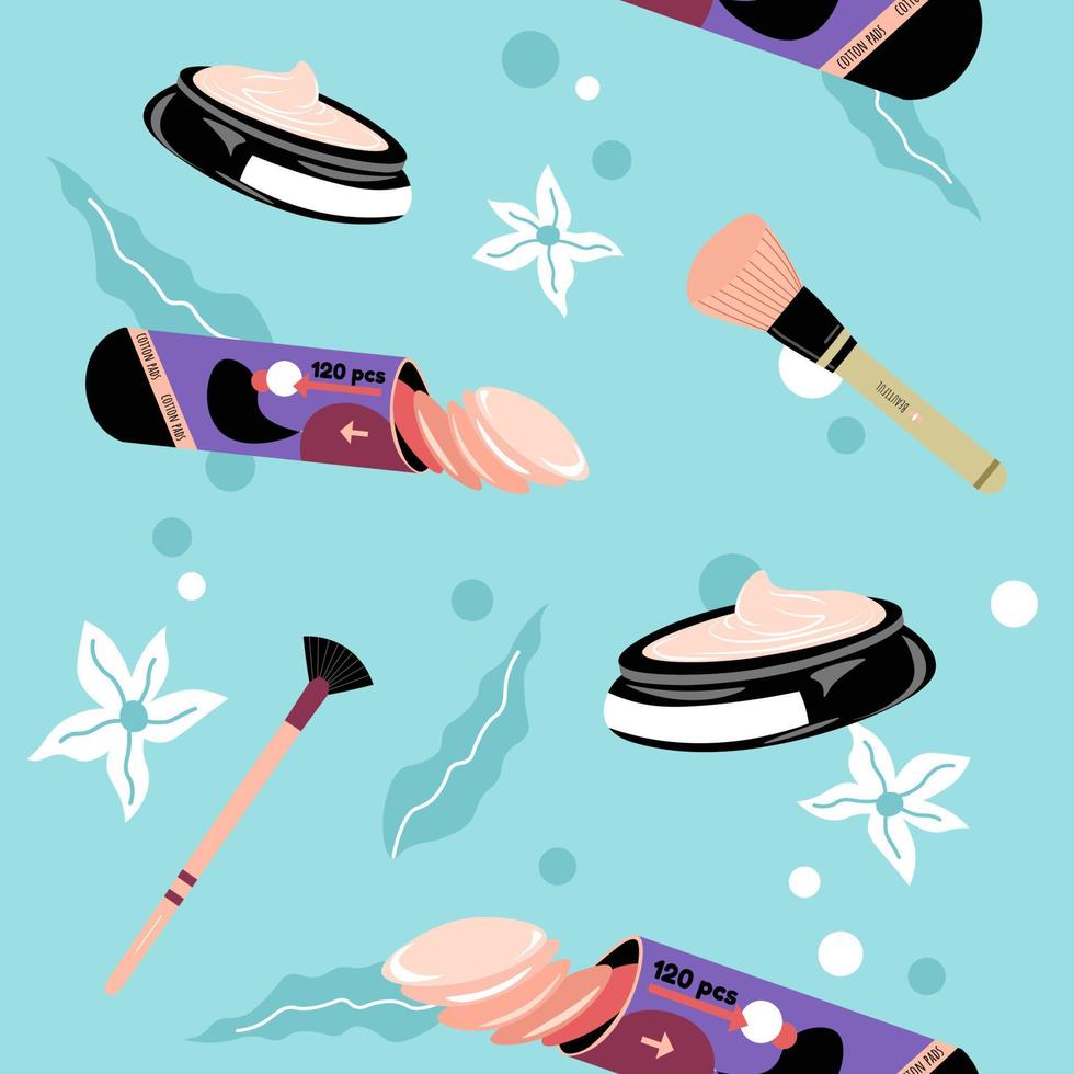 Cosmetics products, sponges and brushes pattern vector