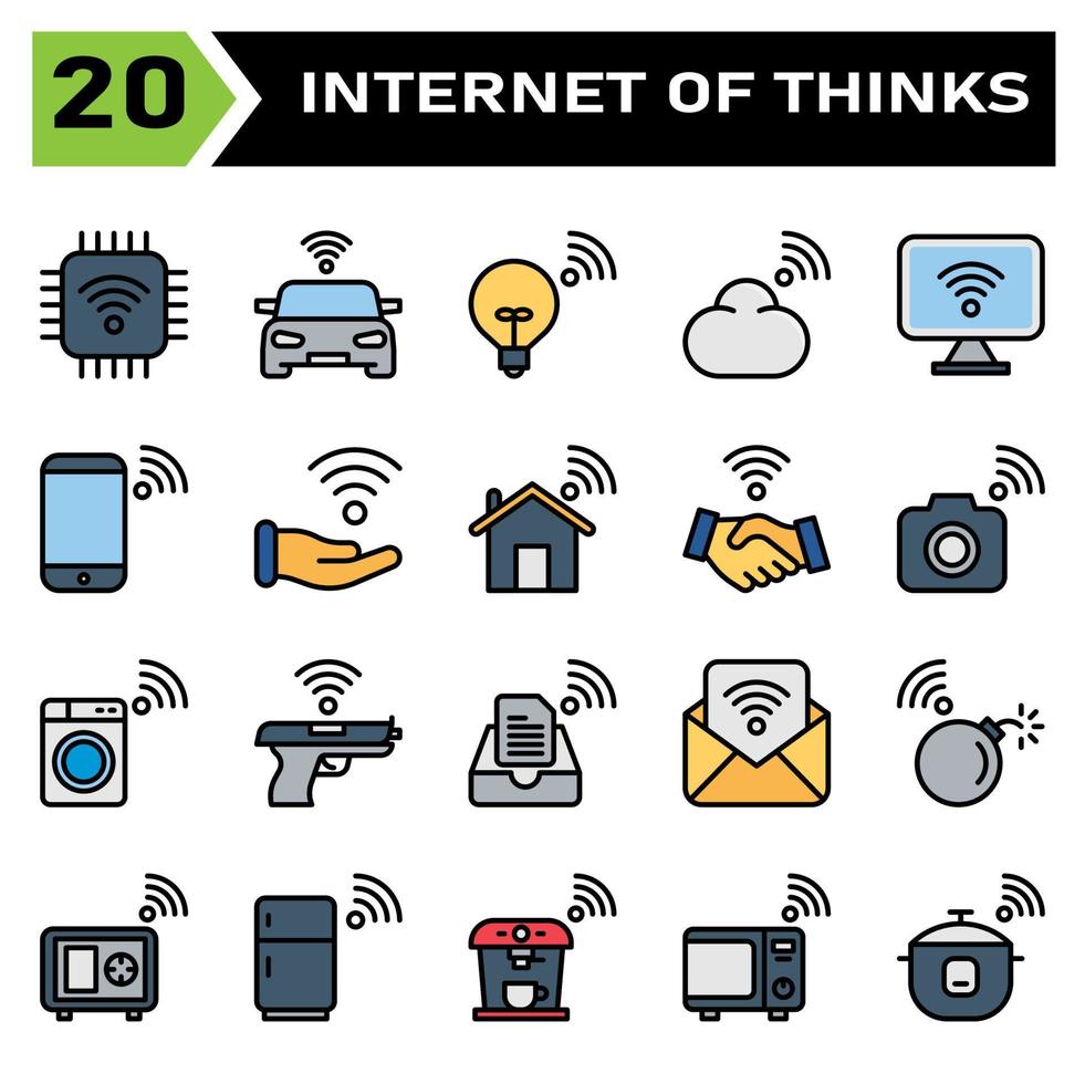 Internet of things icon set include chip, internet of things, processor, chip set, car, smart car, lamp, cloud, computing, computer, desktop, phone, mobile, hand, connecting, home, house, contract vector