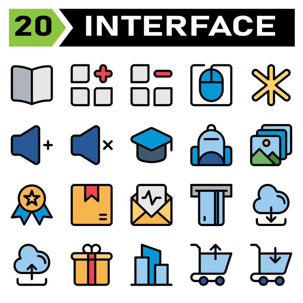 User interface icon set include book, guide, manual, read, instruction, menu, add, new, apps, category, remove, delete, mouse, computer, cursor, user interface, asterisk, multiple, star, favorite vector