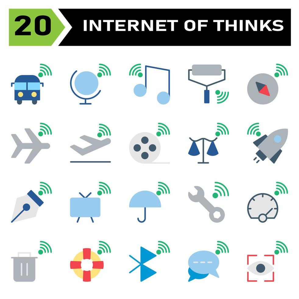 Internet of things icon set include bus, internet of things, globe, world, music, tone, roller, paint, compass, navigation, plane, airplane, takeoff, film roll, movie, scales, balance, rocket vector