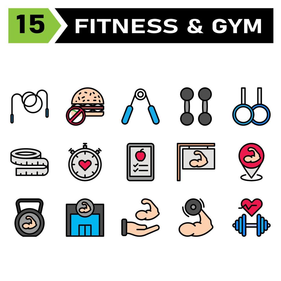 el conjunto de iconos de salud y fitness incluye cuerda, salto, salto, saludable, fitness, gimnasio, hamburguesas, sin comida, insalubre, comida, dieta, pinzas, pinzas, mano, culturismo, levantamiento, peso, aeróbicos, ejercicio vector