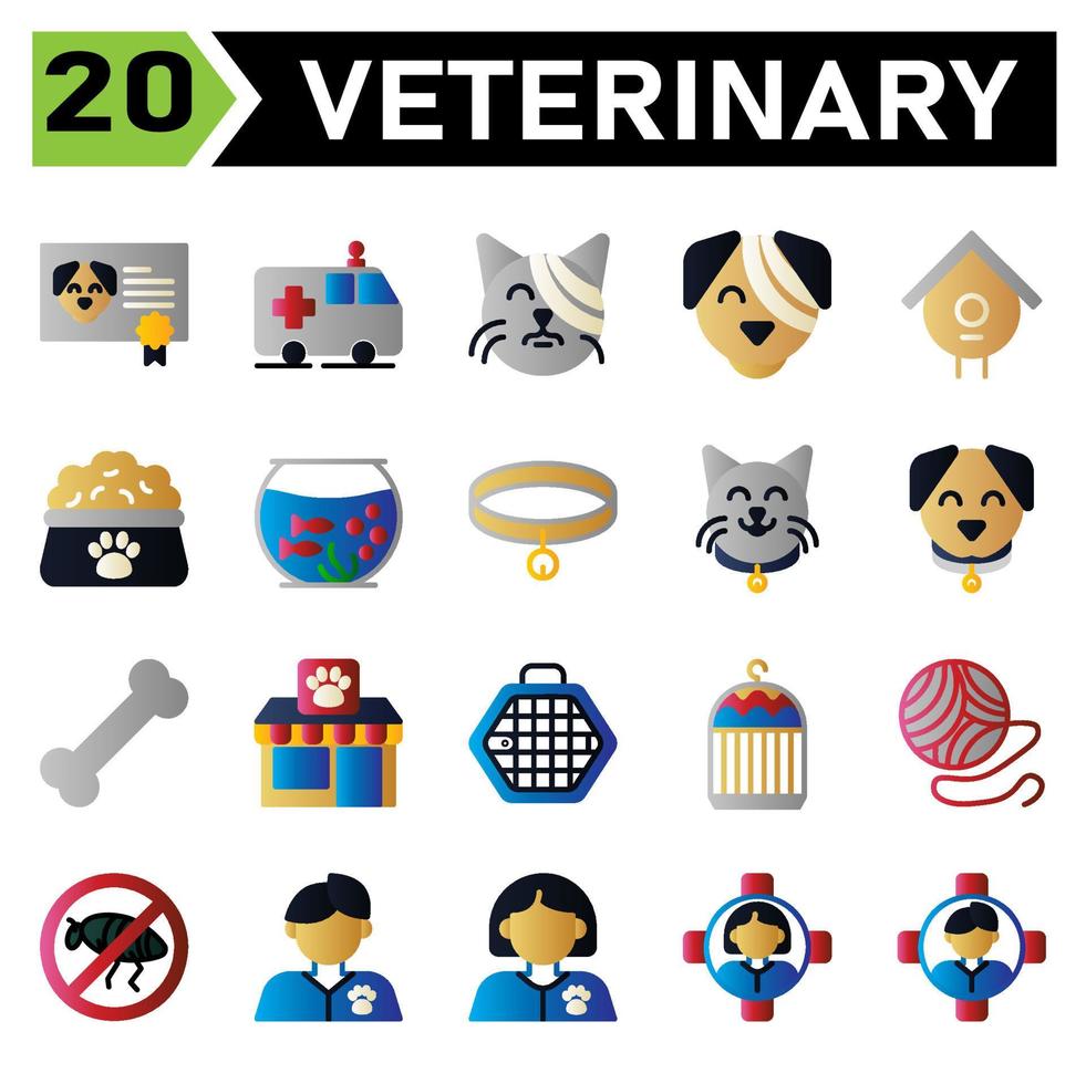 el conjunto de iconos veterinarios incluye certificado, vacuna, animal, mascota, perro, ambulancia, automóvil, rescate, mascota, rescate de animales, vendaje, gato, mascota, veterinario, vendaje, perro, mascota, veterinario, pajarera, nido vector