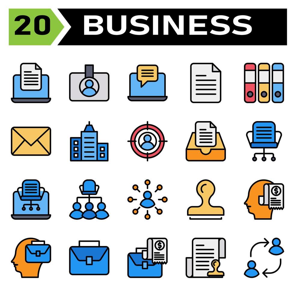 Office business icon set include laptop, document, office, work, device, filed, id card, badge, identification, id, card, chat, message, email, file, list, folder, files, binders, mails, letter vector