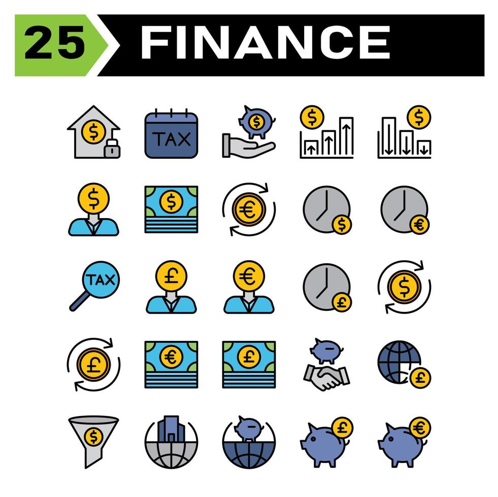 Finance icon set include building, investment, home, money, security, calendar, tax, date, day, finance, hand, saving, piggy, banking, chart, up, arrow, profit, down, business, man, currency, dollar vector