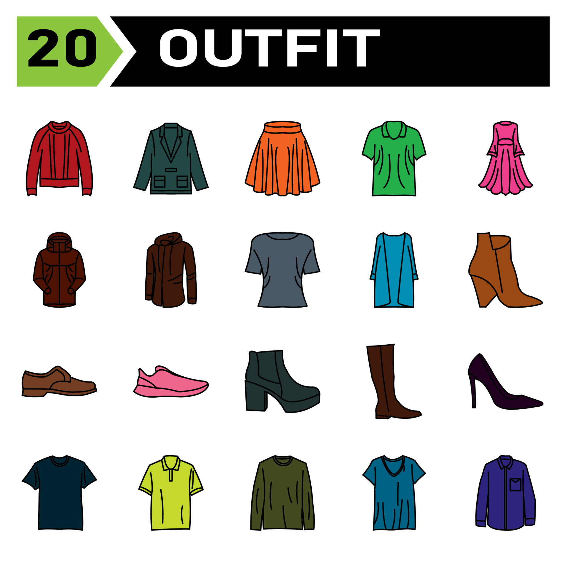 Outfit icon set include fashion, clothing, clothes, apparel, shirt