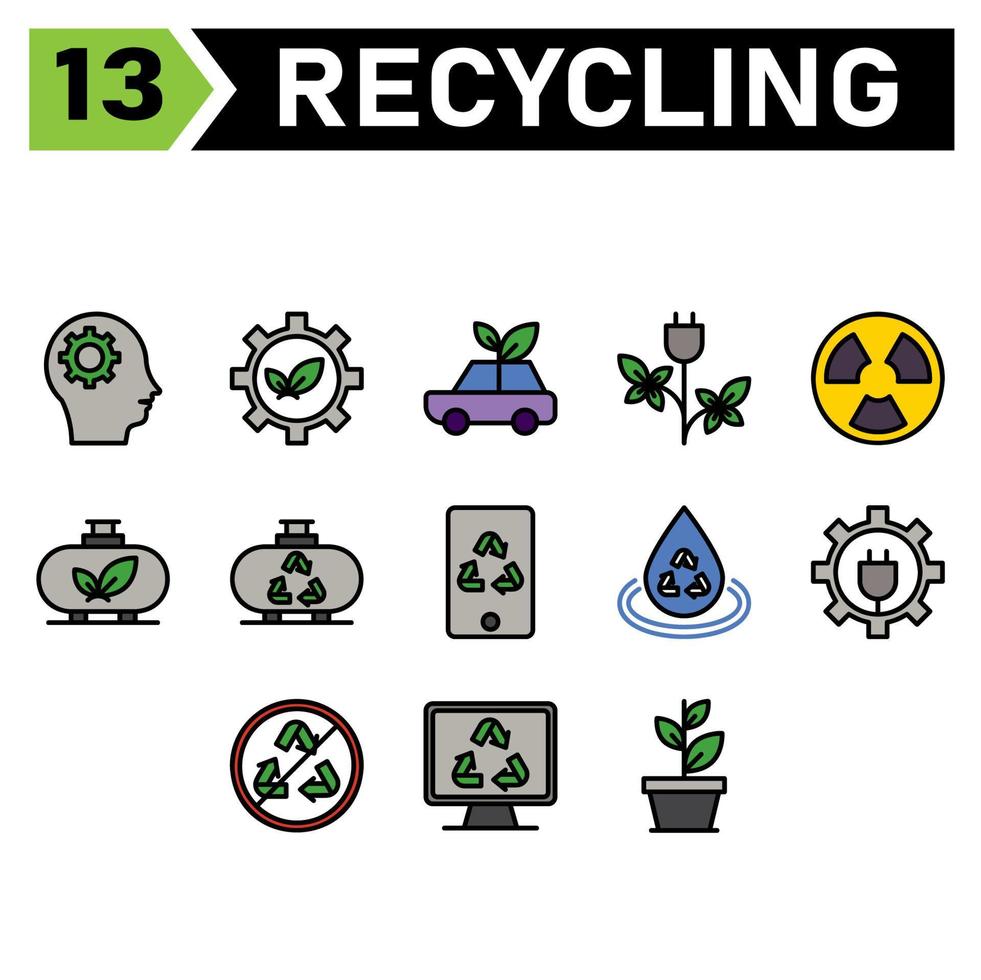 el conjunto de iconos de ecología y reciclaje incluye cabeza, equipo, medio ambiente, ecología, reciclaje, hoja, sostenible, coche, residuos, vehículo, energía, electricidad, reactor, nuclear, potencia, industria, tanque, eco, dispositivo, gadget vector