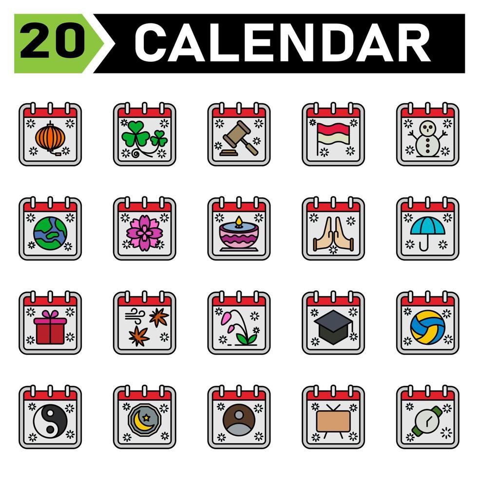 Calendar event icon set include chinese new year, calendar, date, event, st Patrick, day, law, flag, snowman, winter, earth, world, planet, flower, japan, diwali, hindu, pray, hope, hand, umbrella vector