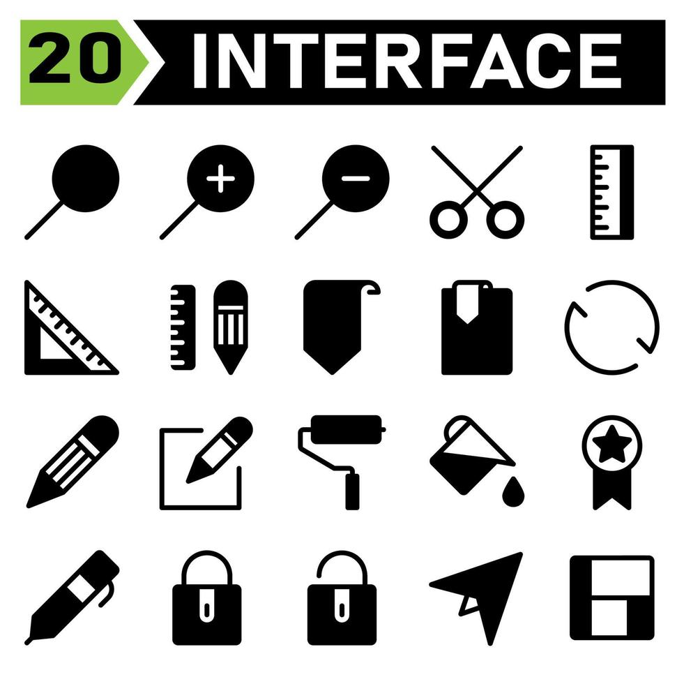 Web interface icon set include search, web app, glass, magnifying, Lupe, zoom, out, plush, in, minus, cut, scissor, interface, ruler, measure, tool, school, pencil, bookmark, essential, object, reload vector