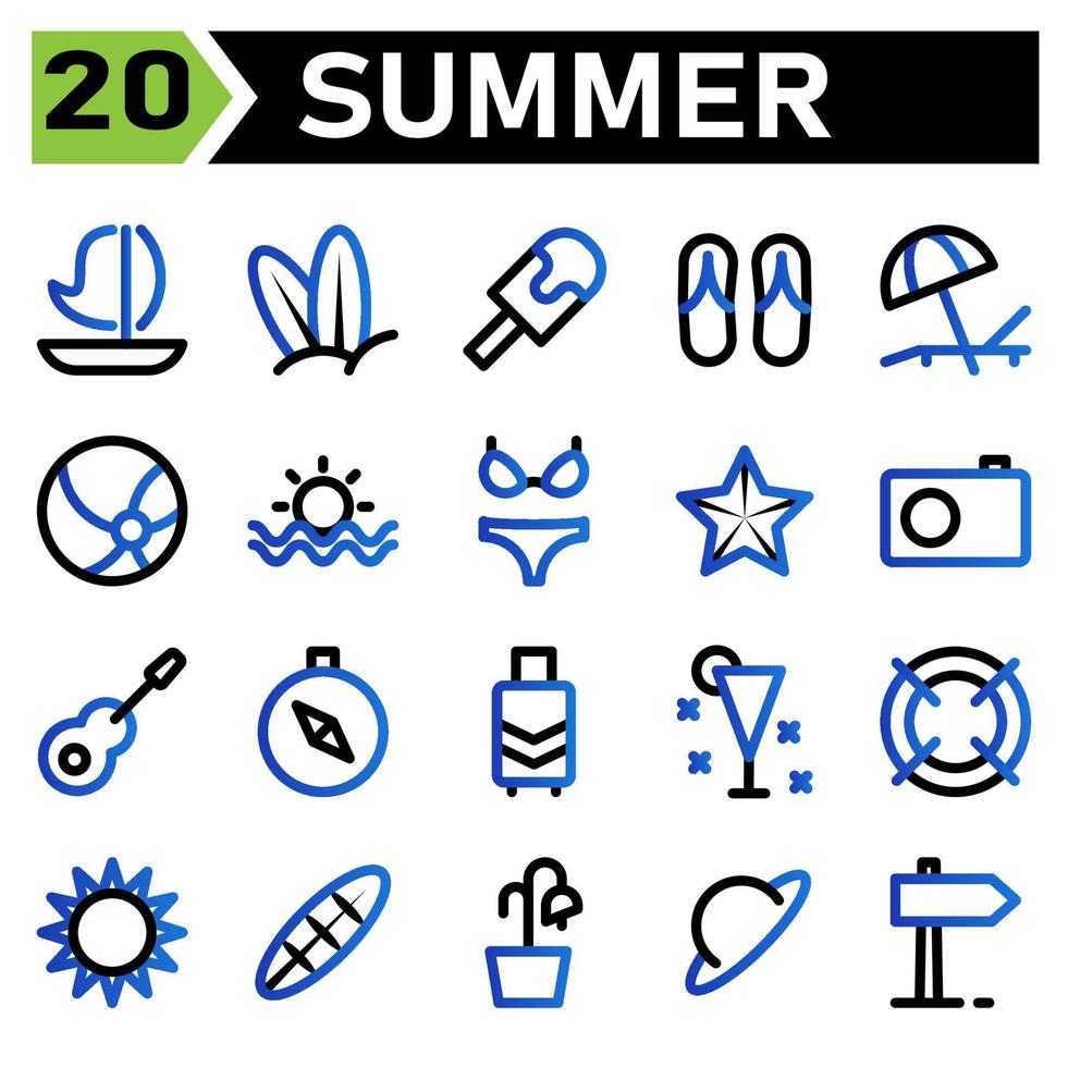 Summer icon set include sailing, boat, summer, ship, transport, holiday, surfer, beach, board, ice cream, journey, travel, slippers, sunbed, vacation, umbrella, ball, sport, sunset, bikini, sexy vector