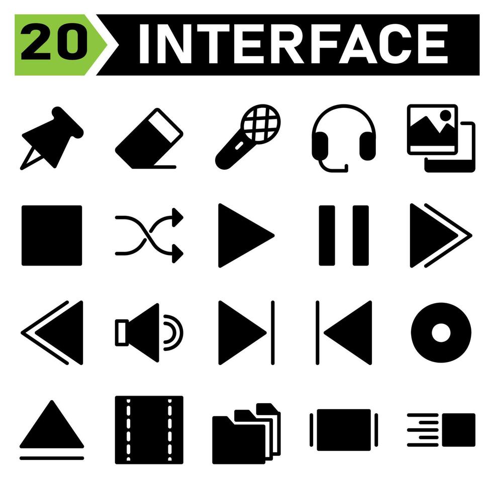 Web interface icon set include pin, web app, pushpin, tack, thumbtack, fasten, eraser, clean, remove, rubber, microphone, record, audio, board cast, headphone, support, earphone, gallery, picture vector