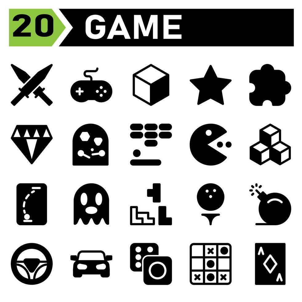 Play Game icon set include sword, game, weapon, games, console, player, gaming, stick, cube, square, box, gift, achievement, star, win, favorite, puzzle, strategy, jewelry, crystal, gem, diamond vector