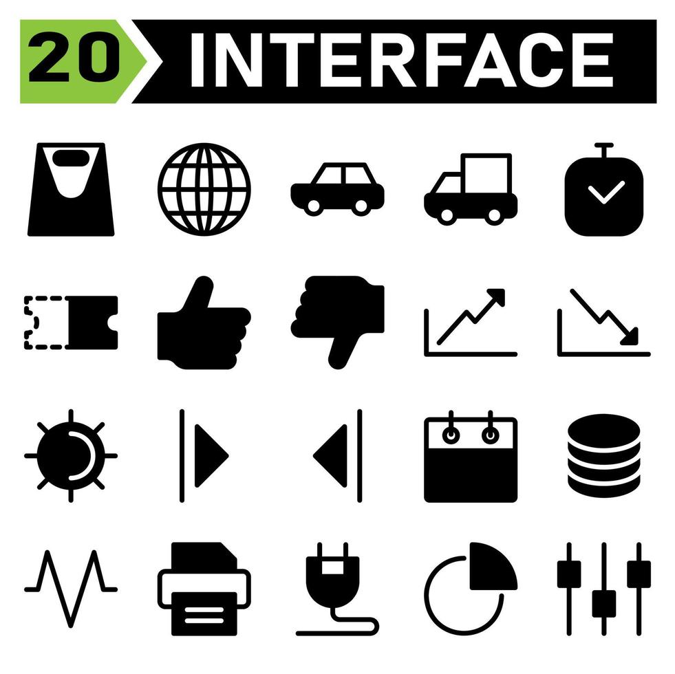 Web interface icon set include bag, web app, briefcase, case, portfolio, world, globe, global, earth, car, transportation, vehicle, automotive, truck, delivery, time, date, clock, bell vector