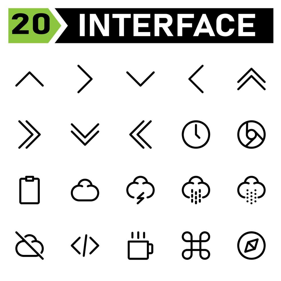 User interface icon set include chevron, up, arrows, user interface, right, down, left, clock, date, time, chrome, google, browser, clipboard, checklist, tasks, cloud, weather, lightning, thunder vector