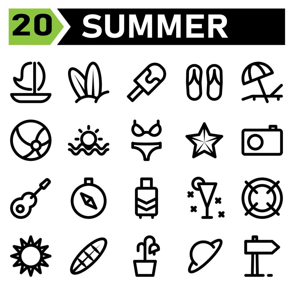 Summer icon set include sailing, boat, summer, ship, transport, holiday, surfer, beach, board, ice cream, journey, travel, slippers, sunbed, vacation, umbrella, ball, sport, sunset, bikini, sexy vector