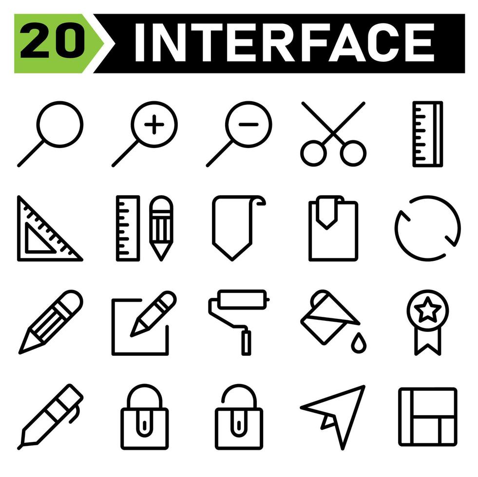 Web interface icon set include search, web app, glass, magnifying, Lupe, zoom, out, plush, in, minus, cut, scissor, interface, ruler, measure, tool, school, pencil, bookmark, essential, object, reload vector