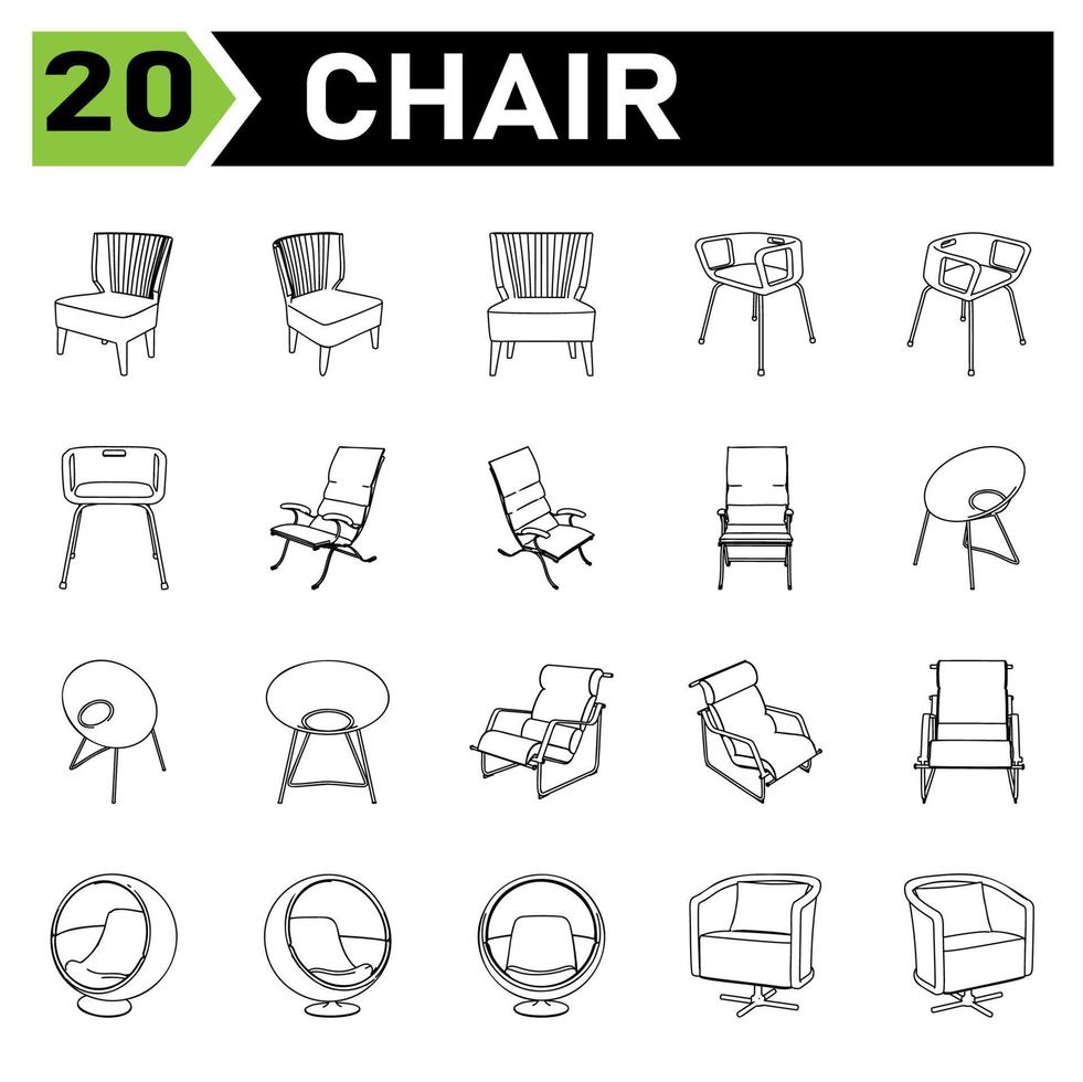 el conjunto de iconos de silla incluye silla, oficina, moderno, sillón, muebles, interior, conjunto, vector, aislado, hogar, colección, blanco, asiento, cómodo, escribir, casa, sentarse, diseño, negocios, habitación, icono vector