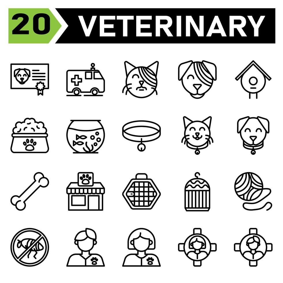 Veterinary icon set include certificate, vaccine, animal, pet, dog , ambulance, car, rescue, pet, animal rescue, bandage, cat, pet, vet, veterinary, bandage, dog, pet, vet, veterinary, birdhouse, nest vector