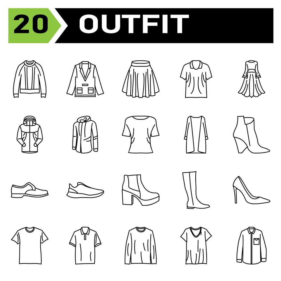 Outfit icon set include fashion, clothing, clothes, apparel, shirt, wear, shoes, man, footwear, male, shoe, sport bra, bra, outfit, female, summer, style, accessory, design, bag, cartoon vector