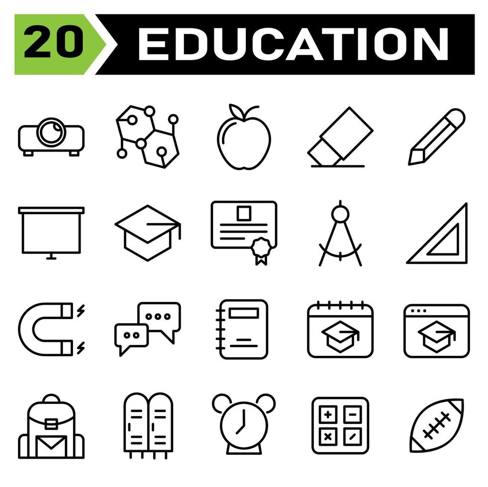 Education icon set include projector, projection, presentation, education, formula, study, science, school, apple, fruit, fruits, erase, eraser, remove, pencil, write, edit, draw, screen, board vector